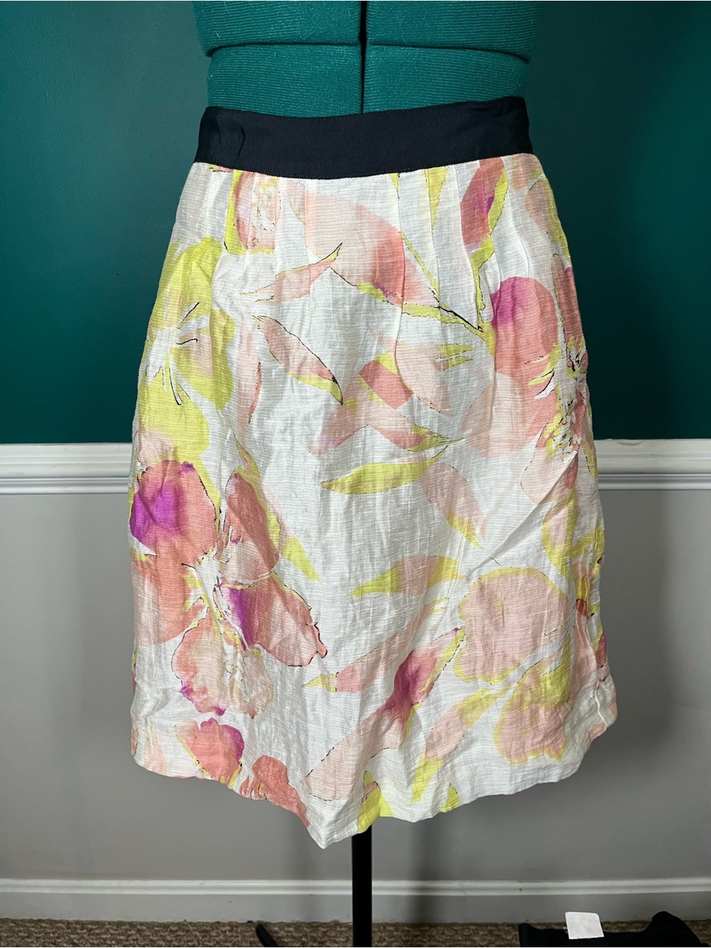 LOFT Floral A-Line Skirt in Pink, Yellow & Black